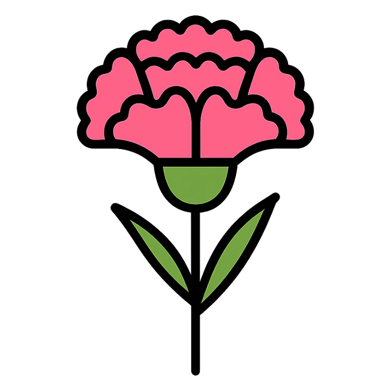 minimalistic icon of a carnation flower, flat design, pink and green, clean lines sticker