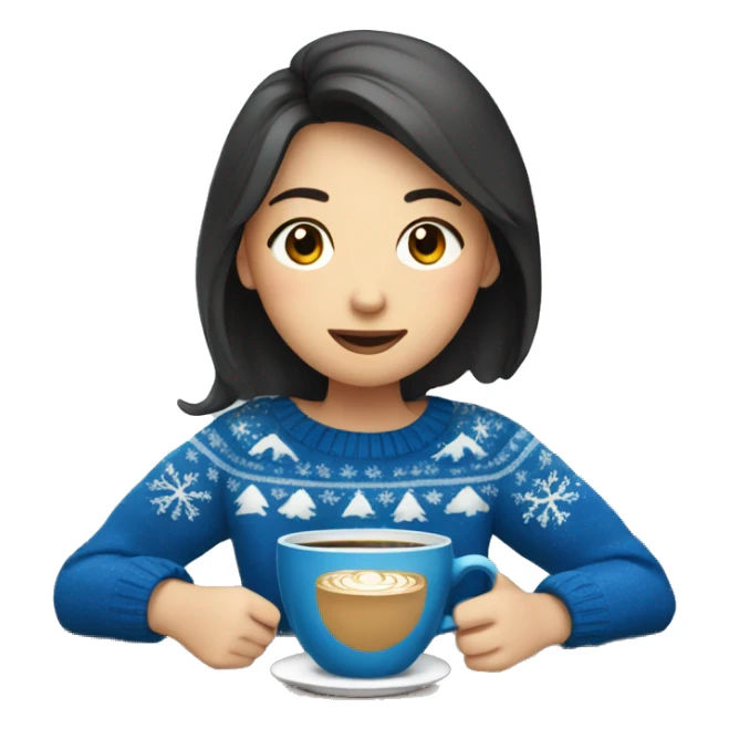 Asian girl drinking coffee wearing blue Christmas sweater sticker