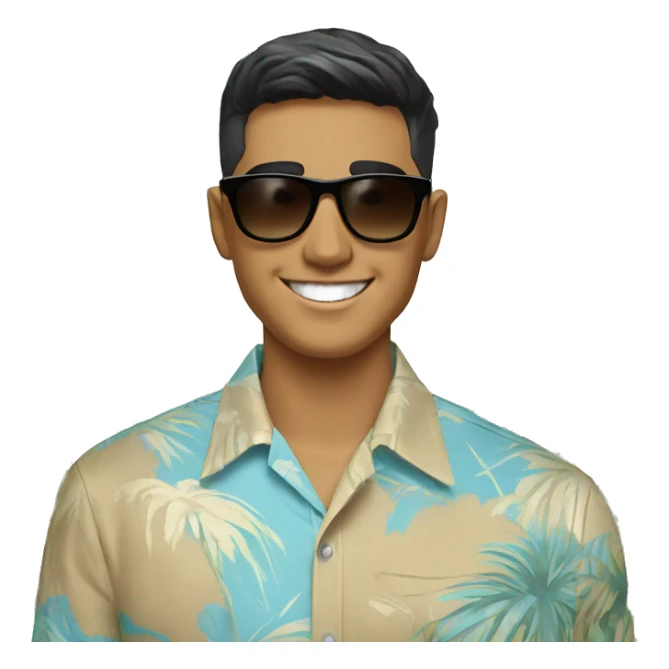 Smiling man, tan skin, black eyebrows, oblong face shape, light brown messy bowl haircut, wayfarer sunglasses, light blue hawaiian shirt with white palm tree pattern sticker