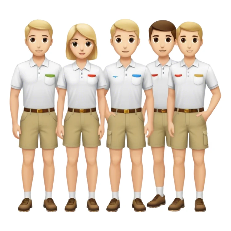 Group of pool attendants. plain white polos, khaki shorts.  sticker