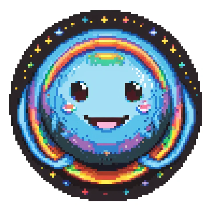 fantasy planet with rainbow rings and a cute smiling face sticker