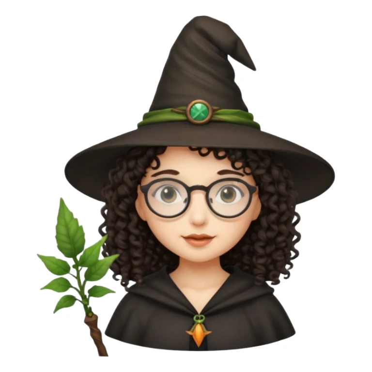 A dark curly haired girl with a witch hat, round glasses, and a plant wand sticker