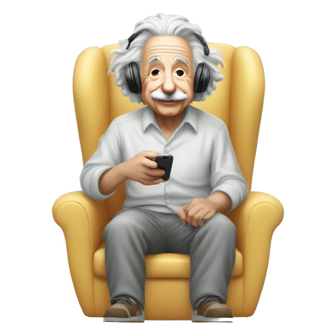 albert einstein happy listening music with wireless headphones while sitting on the chair sticker