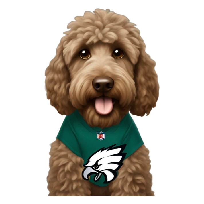 In love brown Labradoodle wearing a Philadelphia eagles shirt sticker