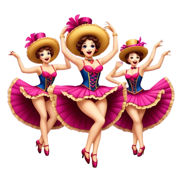 Cinematic Realistic Can-can Dance Emoji, depicted as a lively cabaret dance scene with flouncy costumes and dynamic energetic movement, rendered with vibrant textures and playful theatrical lighting that captures the spirit of French cabaret. sticker