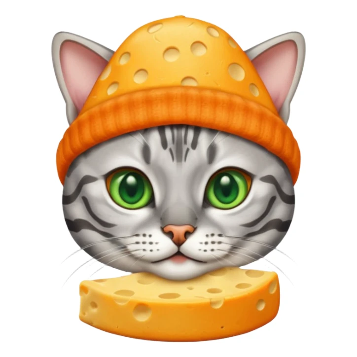 Sliver bengal cat with green eyes wearing a cheese hat sticker