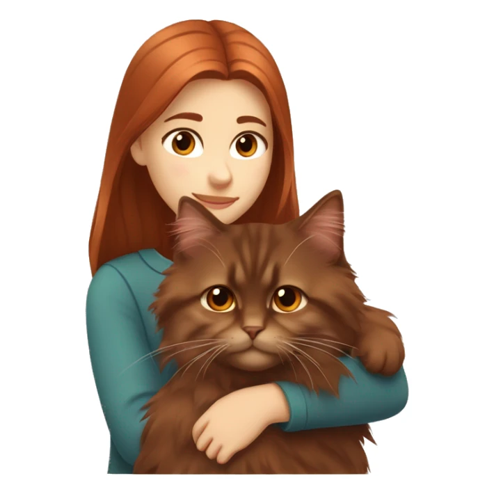 Copper red straight haired girl with brown eyes hugging Dark Brown Siberian cat sticker