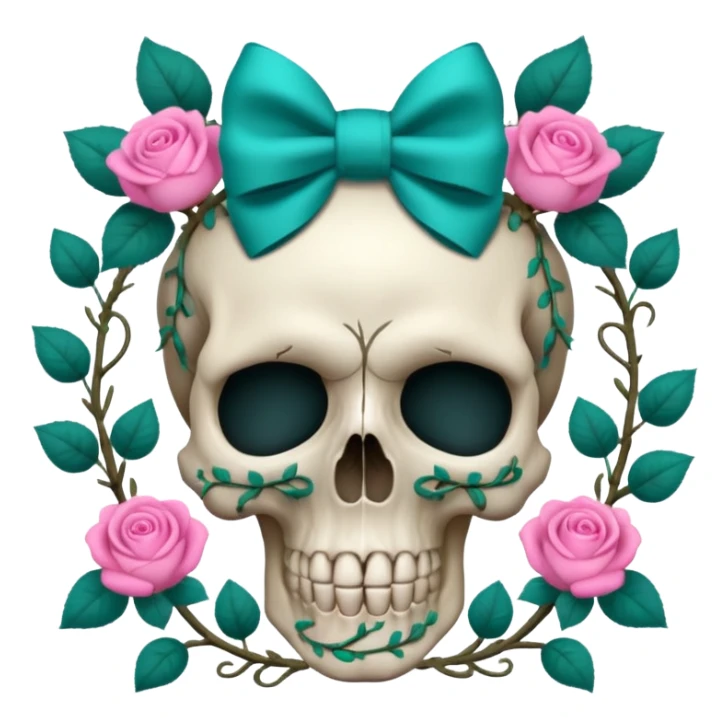 Skull with Pink bow with vines and teal roses sticker