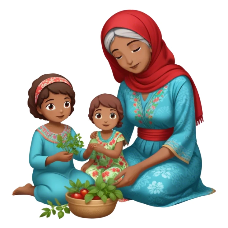 intergenerational moment between a Arab grandmother and her granddaughter, deeply rooted in tradition. The young woman, dressed in a beautiful blue kaftan, sits on the floor carefully picking fresh herbs or greens, while the grandmother, wearing a red headscarf and floral dress, gently guides her. sticker