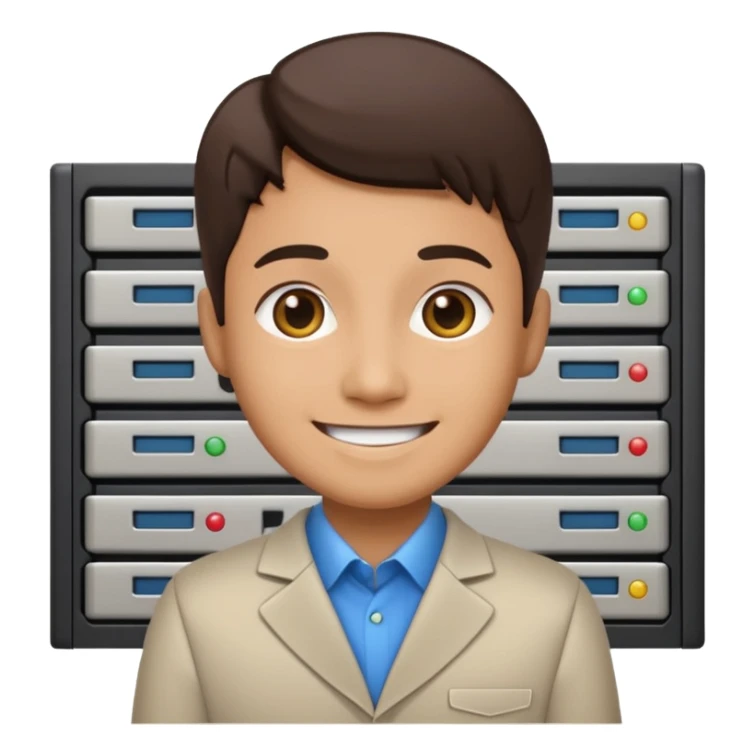 Add a server rack behind the system administrator in the emoji style, keeping the original style consistent and clear. sticker