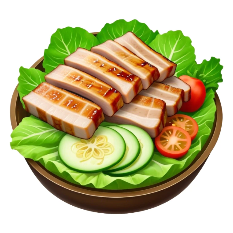 Samgyeopsal Cinematic Realistic Samgyeopsal Dish Emoji, depicted as slices of grilled pork belly served in crisp lettuce leaves with assorted fresh vegetables, rendered with dynamic textures and appetizing, natural lighting. sticker
