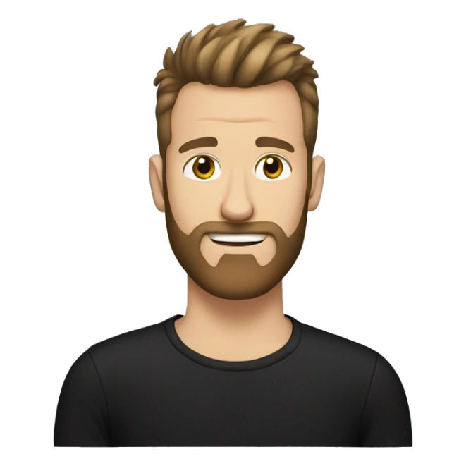 White guy, fauxhawk haircut, brown hair, wearing black tshirt, beard sticker