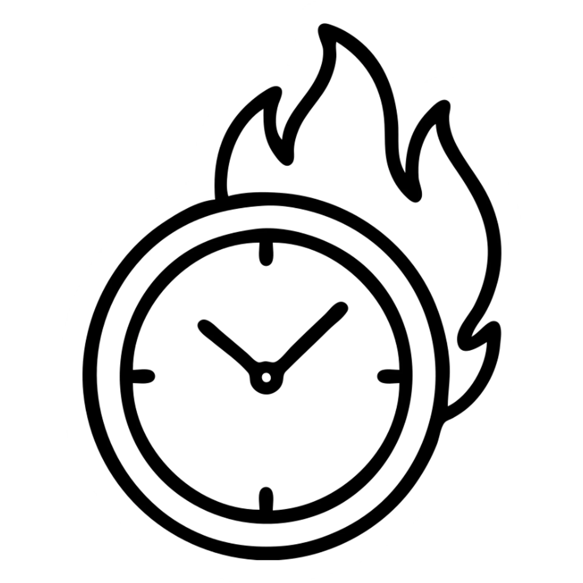 minimal outlined icon of a round clock with vivid flames sticker