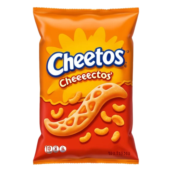 Draw a pack of Cheetos with bright orange-red packaging & crunchy snacks spilling out. sticker