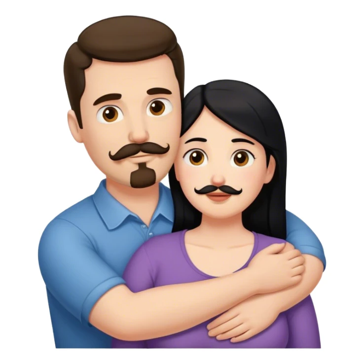 Couple, Tall strong white man with brown mustache goatee hugging a chubby short pale woman with long black hair sticker