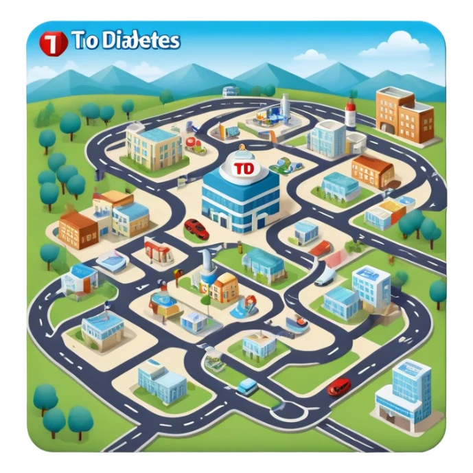 journey on a smaller area game board about Type 1 diabetes and aging with less roads, less buildings (hospital, places to live, advocacy, physical changes, to share knowledge and ways of coping, energetic with text: T1D to 100 and subtext Aging with Type 1 diabetes, easy for seniors to see sticker