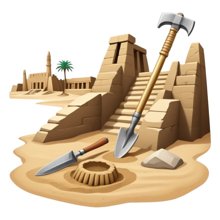 An icon showing archaeological tools—trowel, brush, and pickaxe—laid out on the sand, with the ancient Karnak temple ruins in the background. The design symbolizes exploration and discovery of ancient Egyptian history. Transparent background sticker