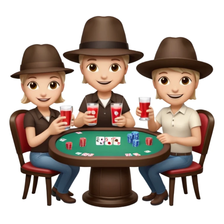 A 3D cartoon poker table with cards, chips, and smiling players, soft lighting, Memoji-style. sticker