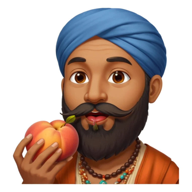 Indian man with a long beard licking a peach sticker