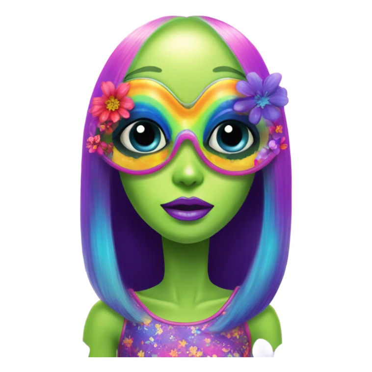 Lisa frank alien with big oval head and big black eyes with flowers sticker