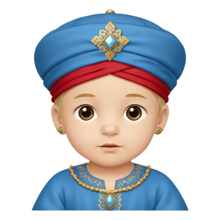  baby boy dressed in a blue ghalibiya with delicate decorations with a red Moracain hat  sticker