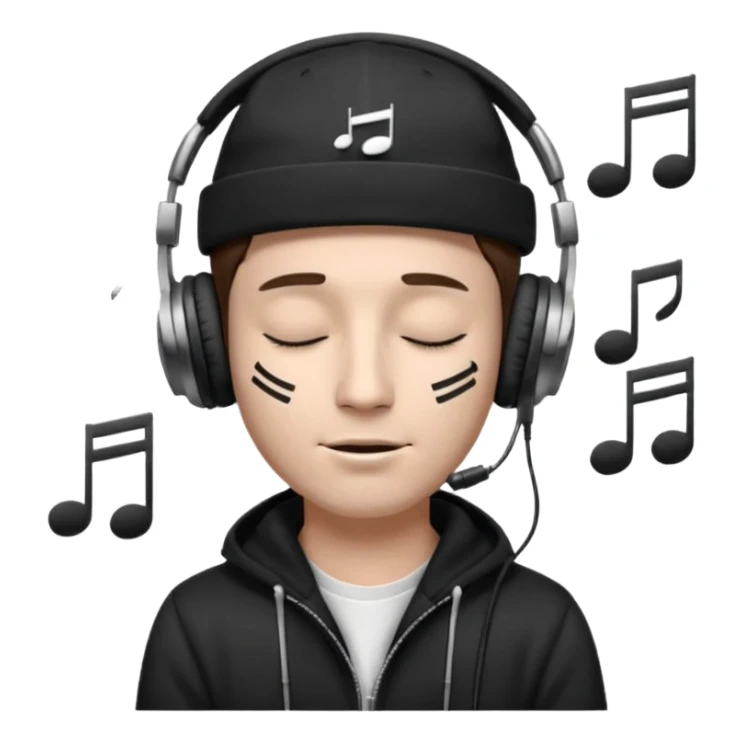 dj man white with baseball cap - rayban glasses - brown hair - closed eyes with headphones on with musical note over head (listening to music ) - eyes closed no glasses - black hat  musical notes floating around head - NO GLASSES sticker