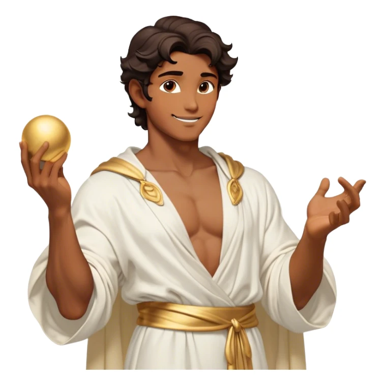 Cinematic Realistic Hercules Portrait, head tilted playfully and inquisitively, showcasing a charming blend of Disney heroic charisma and the refined grace of Michelangelo's David. His sun-kissed bronze skin and thick, wavy dark hair are rendered with classical precision, complementing a warm, inviting smile and sparkling, mischievous eyes. Clad in a softly draped white robe with subtle golden details, he exudes approachable strength under gentle, natural lighting. sticker