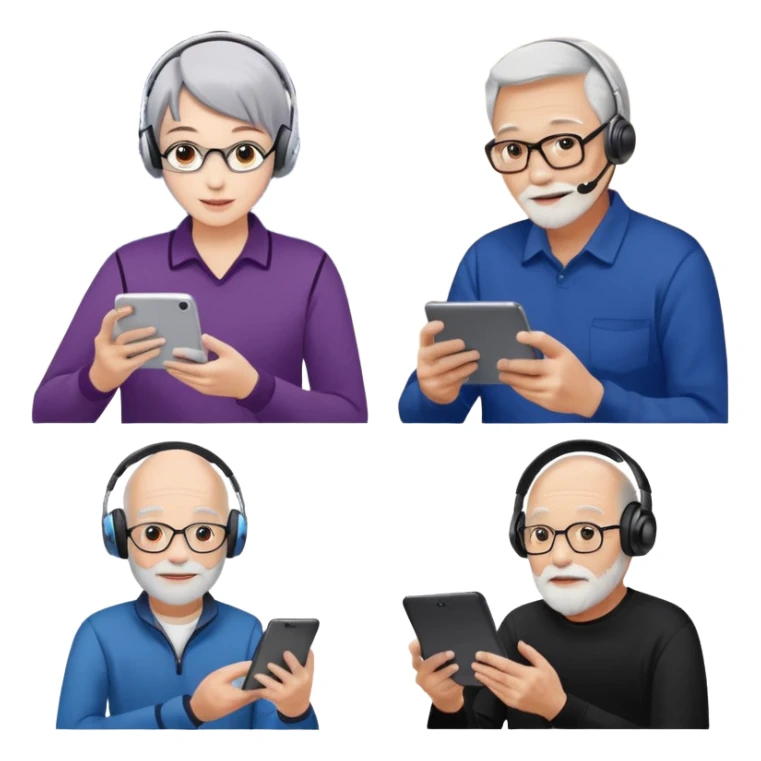 Please make it again in the style you just sent me. All devices should be Galaxy.
1. MZ users using headsets and watching youtube
2. A person holding a tablet in one hand and a smartphone in the other
3. Senior who enjoys looking at his cell phone
4. Creators working hard with Galaxy Tab + keyboard  sticker