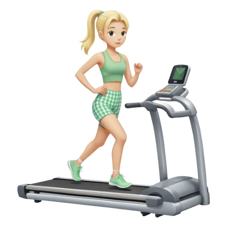 blonde girl on treadmill wearing light green gingham yoga set sticker