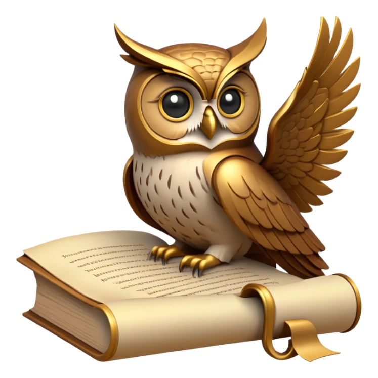 An icon featuring an ancient scroll, a thinker’s bust, and a question mark, symbolizing philosophy. The design includes a wise owl, a book, and abstract symbols, representing deep thought, ethics, and wisdom. Transparent background sticker