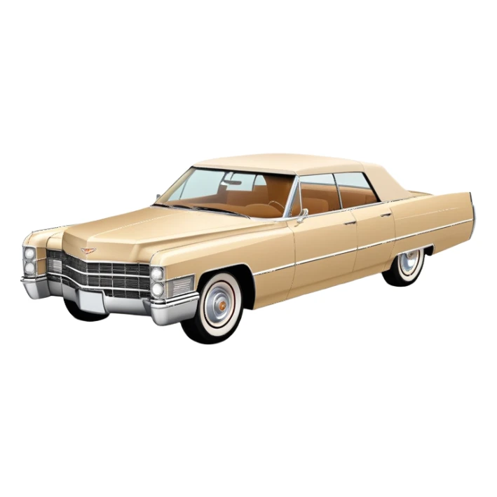 Geometric beige 1966 Cadillac DeVille, reduced to simple shapes, minimalist 30-degree view, basic forms only, Once Upon a Hollywood inspired, iOS emoji style sticker