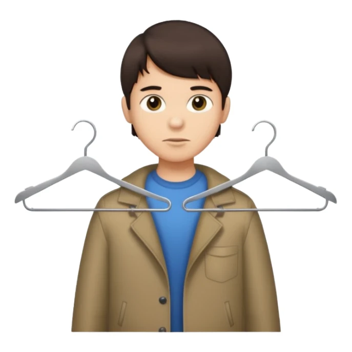 boy dark brown hair with bangs with straight eyebrows with  clothing hanger sticker