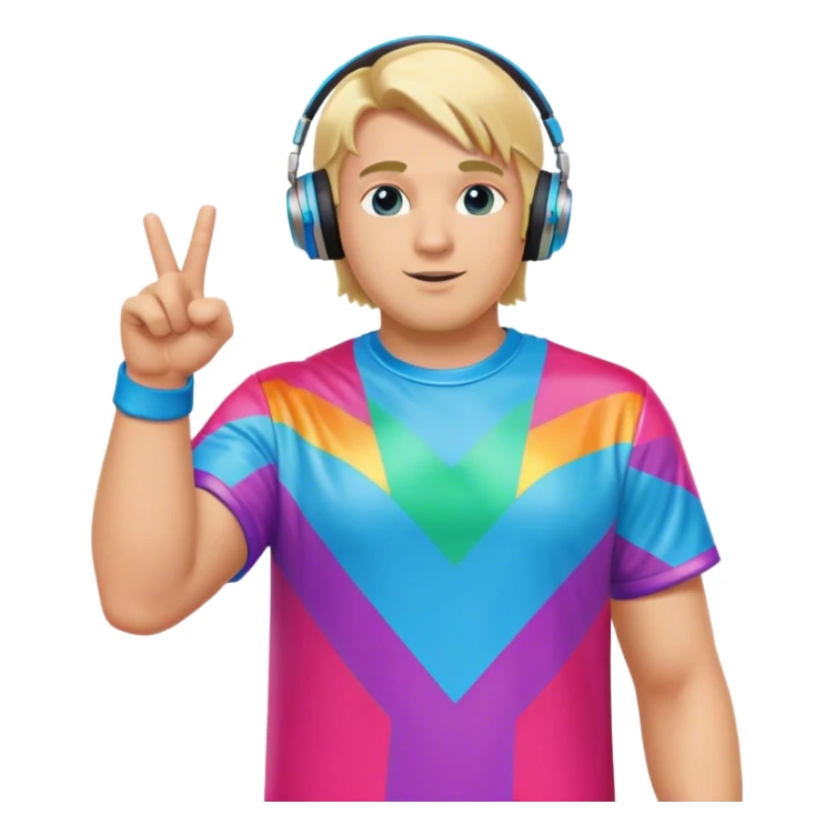 blond big man in colorful dj outfit pointing to side sticker