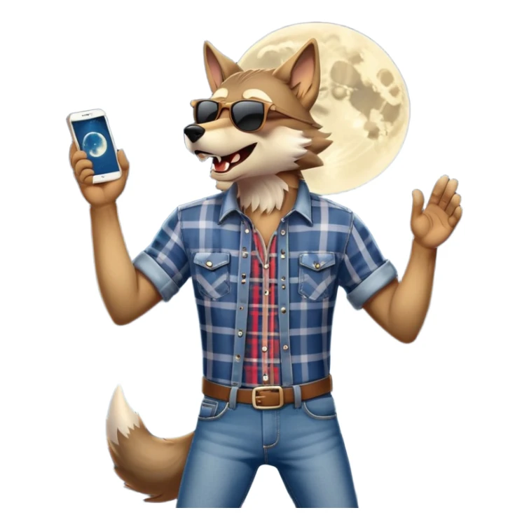 friendly anthropomorphised wolf in jeans and plaid shirt, wearing dark sunglasses, howling with the moon in the background, dynamic pose sticker