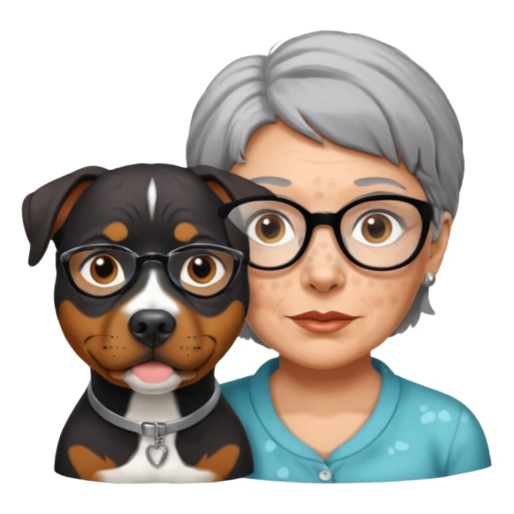 ONE Pit bull Rottweiler mix with white muzzle and spots on muzzle next to ONE older woman with really short grey hair and brown eyes sticker