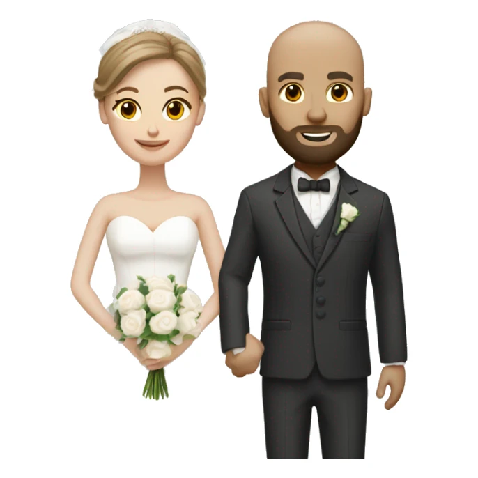 bride with light brown hair and bald dark bearded groom with white suit sticker