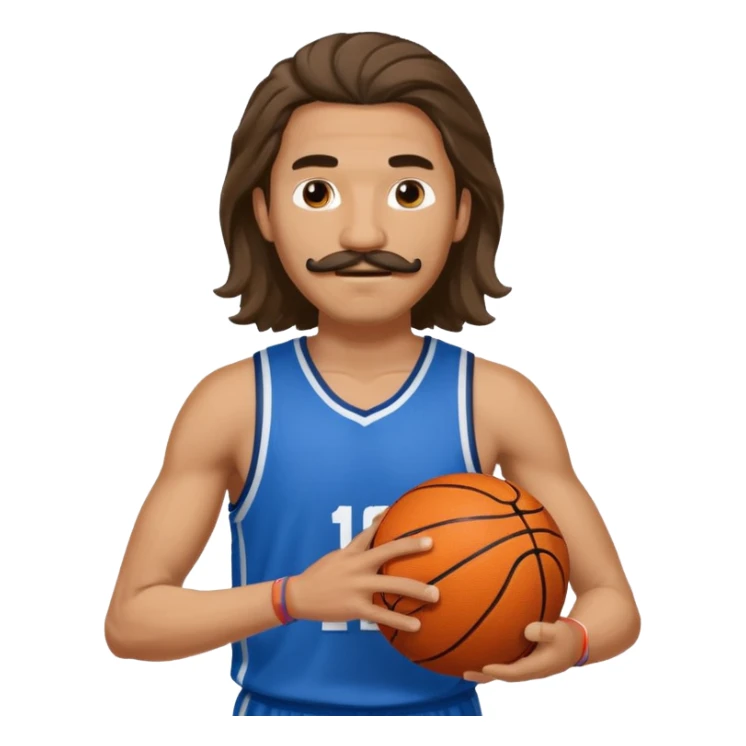 long haired man basketball player blue jersey with mustache holding basket ball sticker