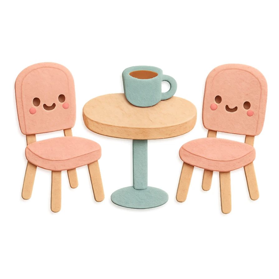 kawaii coffee shop table and chairs set, soft pastel hand-drawn illustration sticker