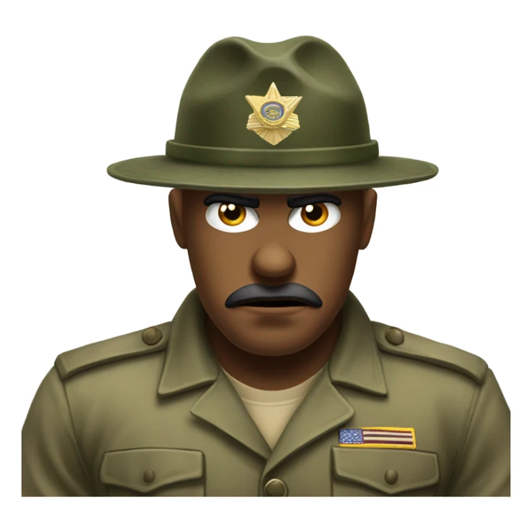 drill sergeant character wearing a classic sergeant hat and a camouflage army shirt. The character should have an angry intense expression. sticker