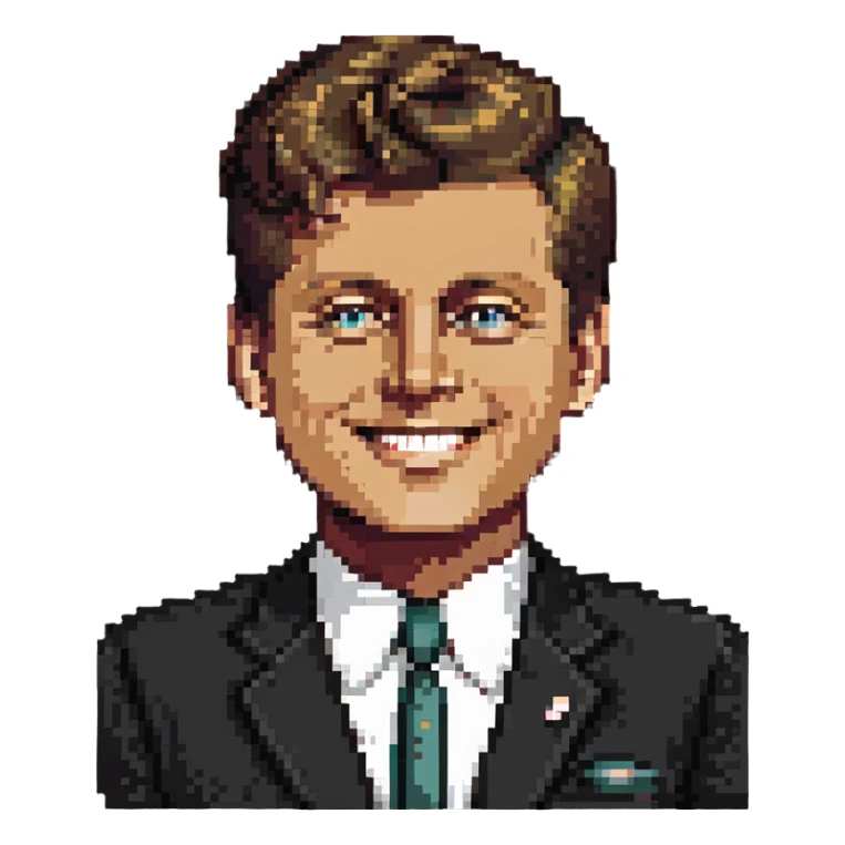 John F Kennedy with his classic hairstyle and smile sticker