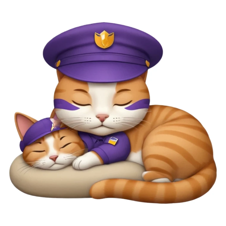 emoji of sleeping cat, its pose is lying, it has on his head FedEx uniform cap sticker