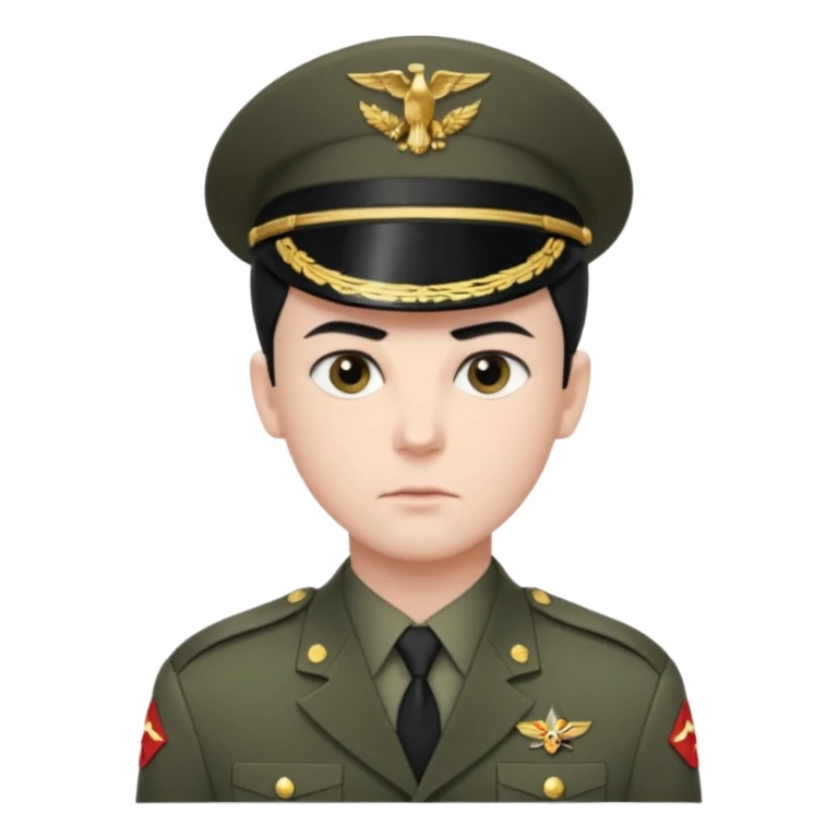 short black neat hair, sharp dark gray eyes, pale skin, serious expression, wearing military uniform, upright posture, minimal accessories, sharp and precise style. Man sticker