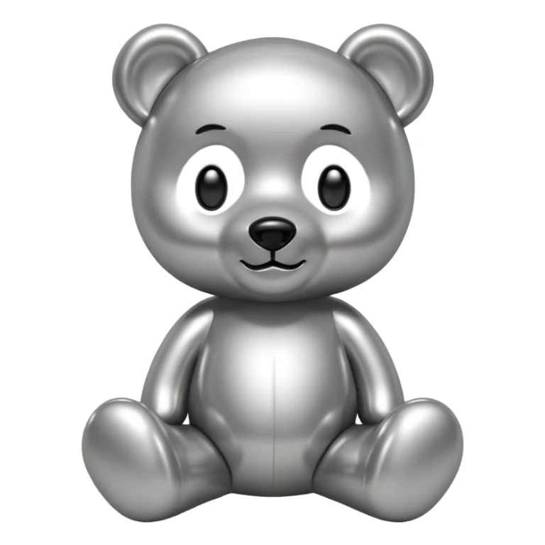 A cute teddy bear emoji made of liquid silver chrome, smooth rounded body, glossy metallic surface, soft reflections, friendly proportions, iOS emoji style, centered, clean white background sticker