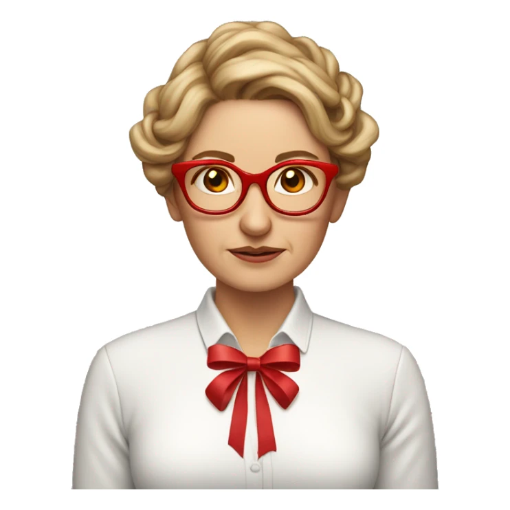 middle aged woman with light  brown hair learning how to tie a Christmas bow for the first timehair and.   red glasses crying sticker