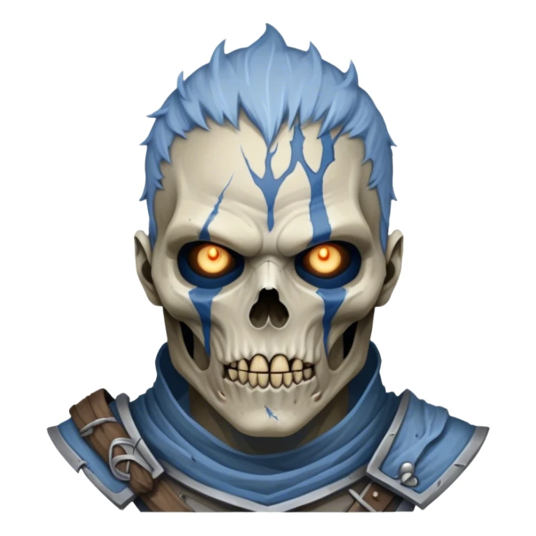 Cinematic Realistic WoW Undead Warrior Portrait, depicted with decayed yet noble features, his weathered, pallid skin etched with ghostly blue veins and ancient scars. Clad in modest, tattered attire in muted browns and greys that remain consistently rugged, his hollow eyes burn with determined defiance. Rendered with lifelike texture and dramatic natural lighting, high shine, noble and resilient, capturing the stoic spirit of an undead veteran of Azeroth. sticker