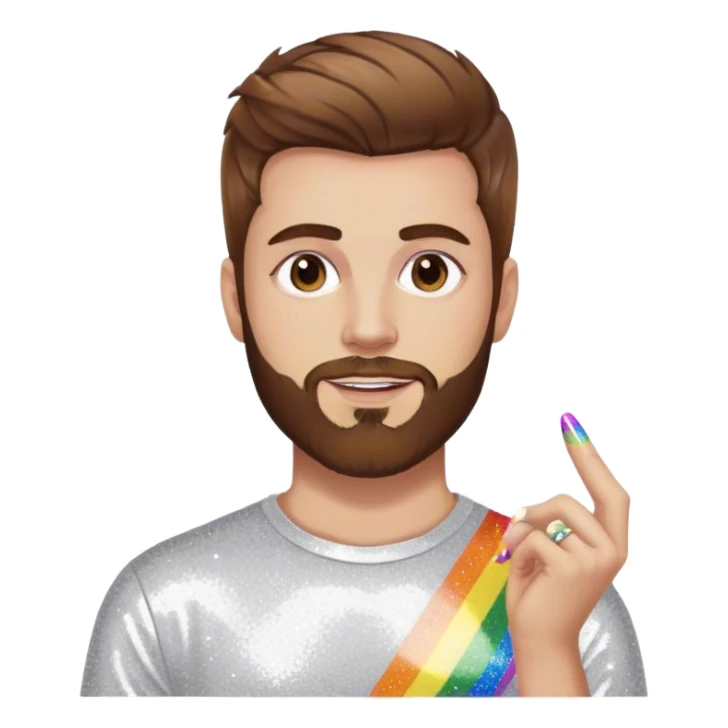 white man with medium length brown hair and short brown beard, very gay pride, add glitter and nail polish sticker