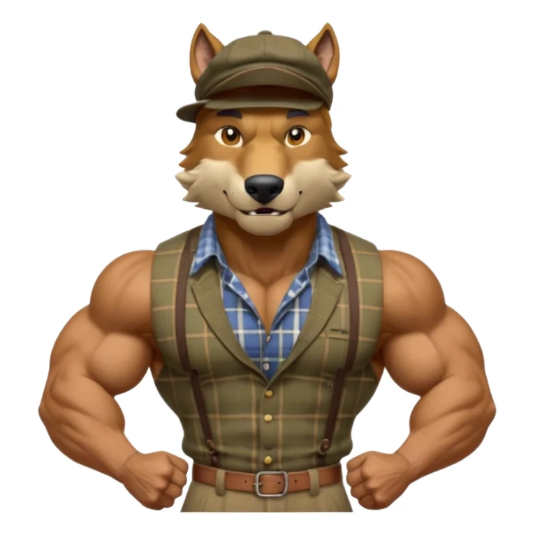 extremely super-duper hyper muscular wolf furry extremely exaggerated muscles with chiseled face, horse-length bullneck and an elongated snout, wearing a plaid dress shirt halfway buttoned, khaki dress slacks and very large newsboy cap on his head while flexing his bicep muscles sticker