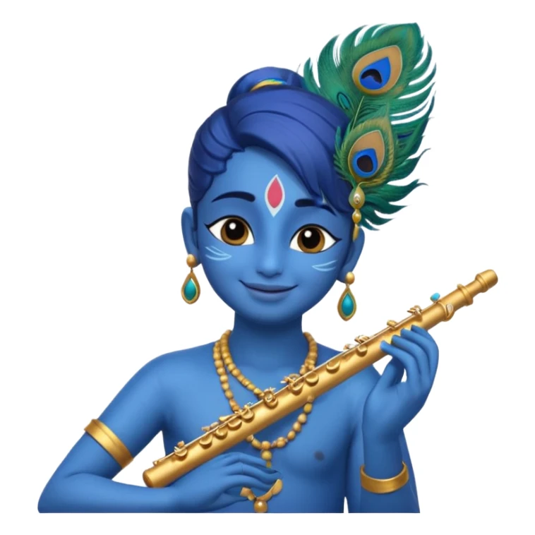 Krishna with blissful expression, eyes closed, playing flute, blue skin, peacock feather in hair, emoji style sticker