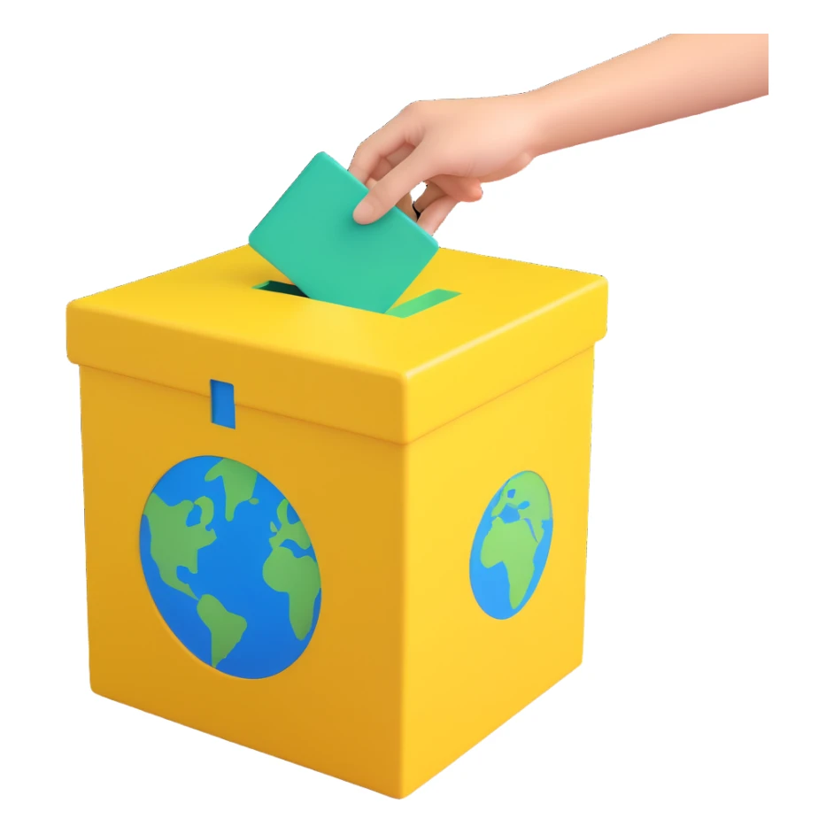 3D illustration of a simplified Earth with green and blue colors halfway inside a warm yellow ballot box, with two hands guiding it, playful style, bold lines, soft textures sticker