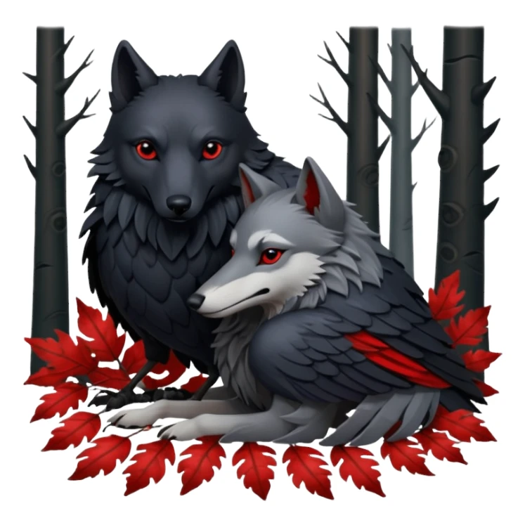A raven and a wolf curled together with Weirwood leaves beneath them  sticker